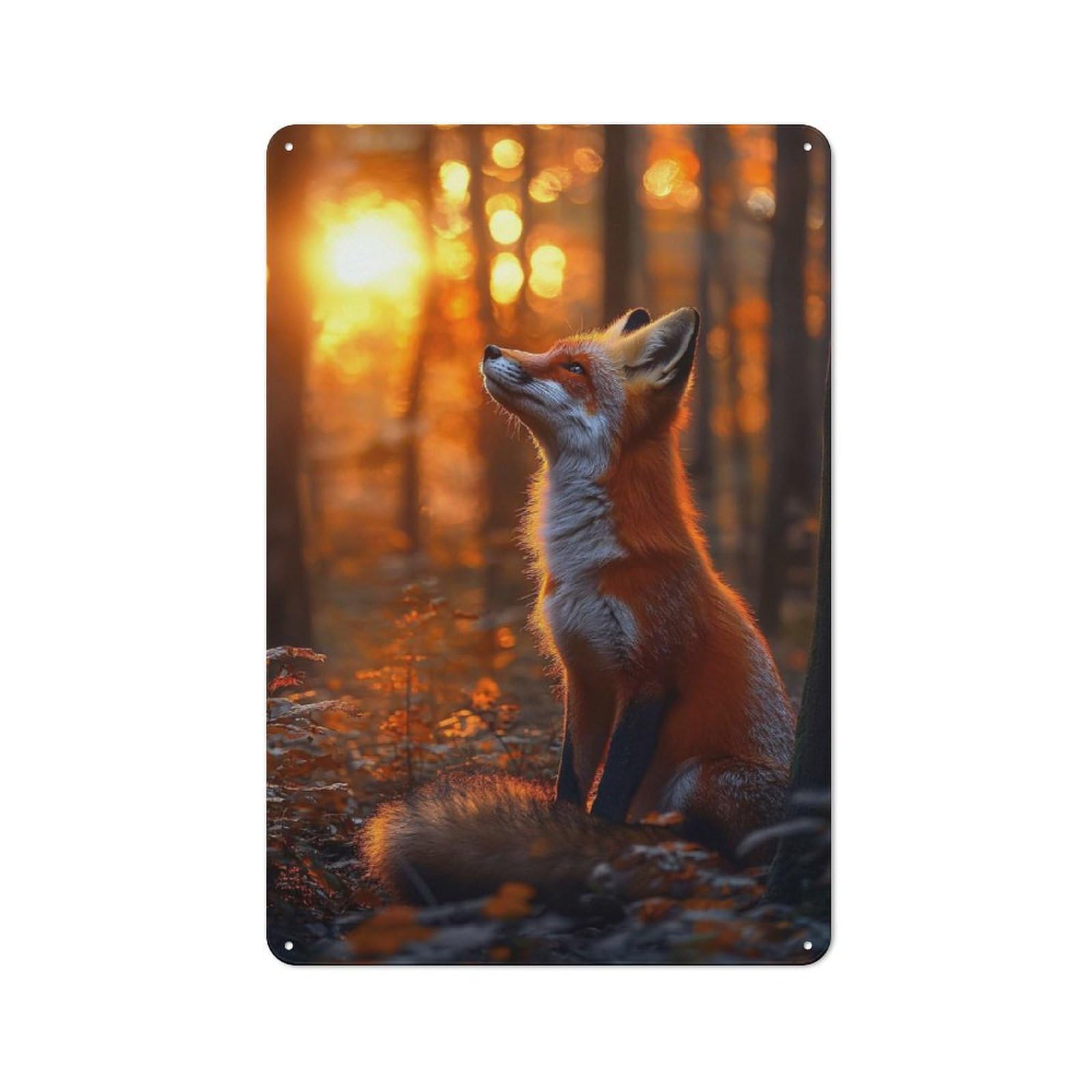 Fox in Autumn Forest at Sunset Rustic Metal Plaque 30x20cm for Living Room Or Hallway, for Garage, Workshop And Man Cave Decoration