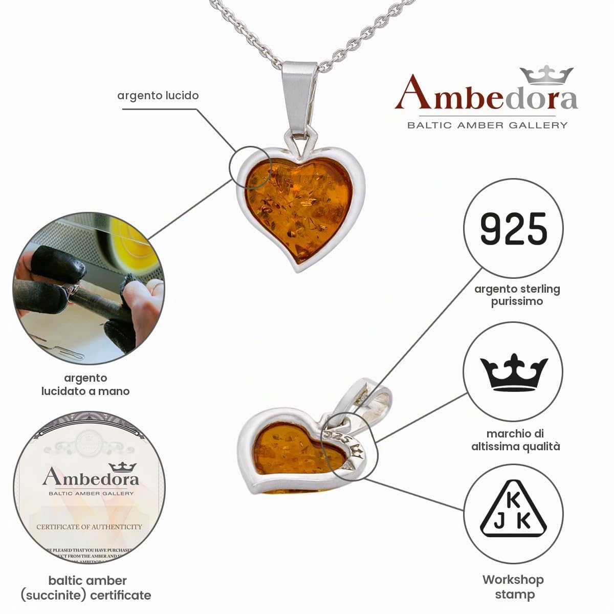Collana da Donna con Ambra, Argento Sterling Lucidato, Ambra Baltica Color Cognac, Ciondolo D'argento con Cuore D'ambra Misura S con Catena