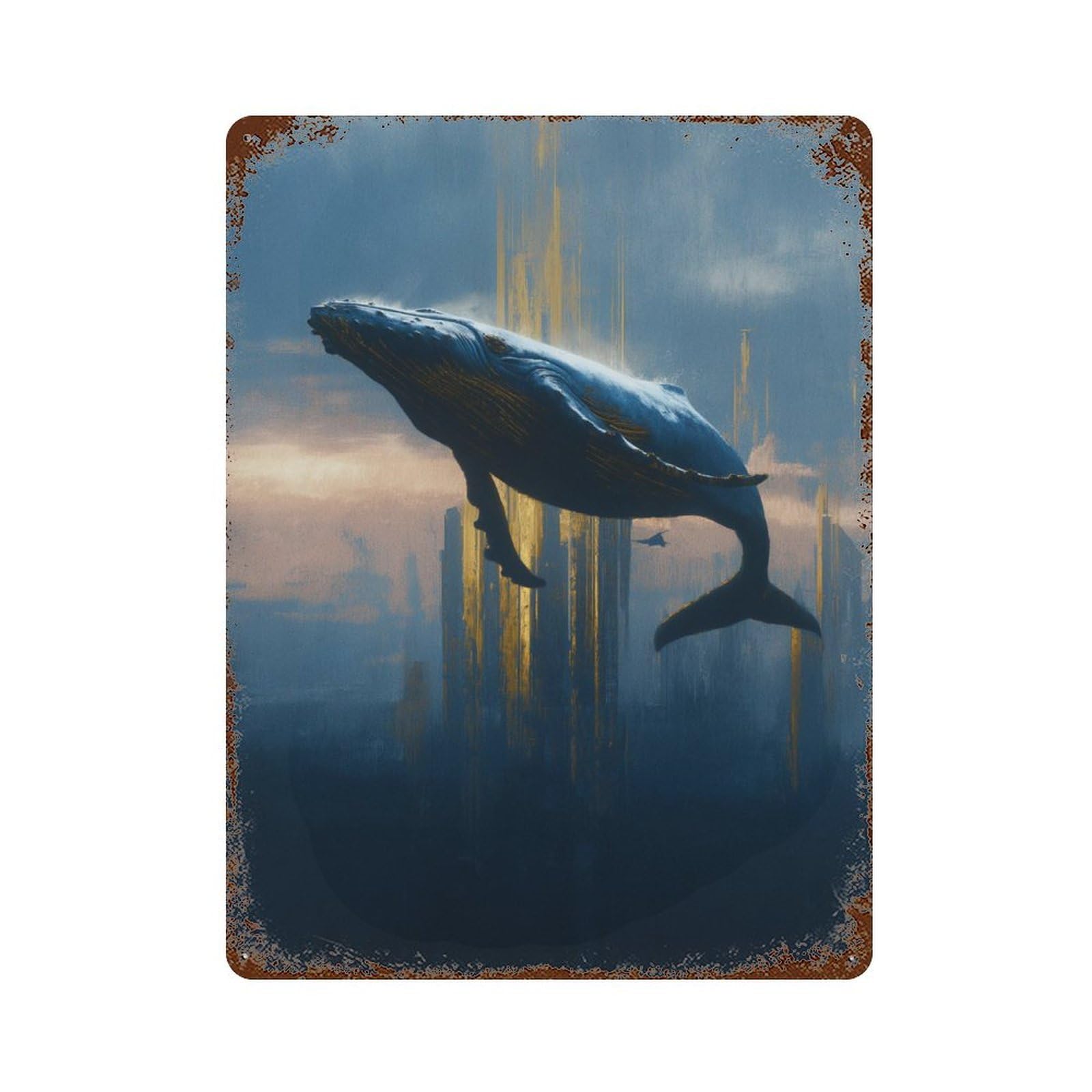 Whale City Skyline Rustic Tin Plaque 15.7"x11.8", Ideal for Office, Studio And Wall Decor