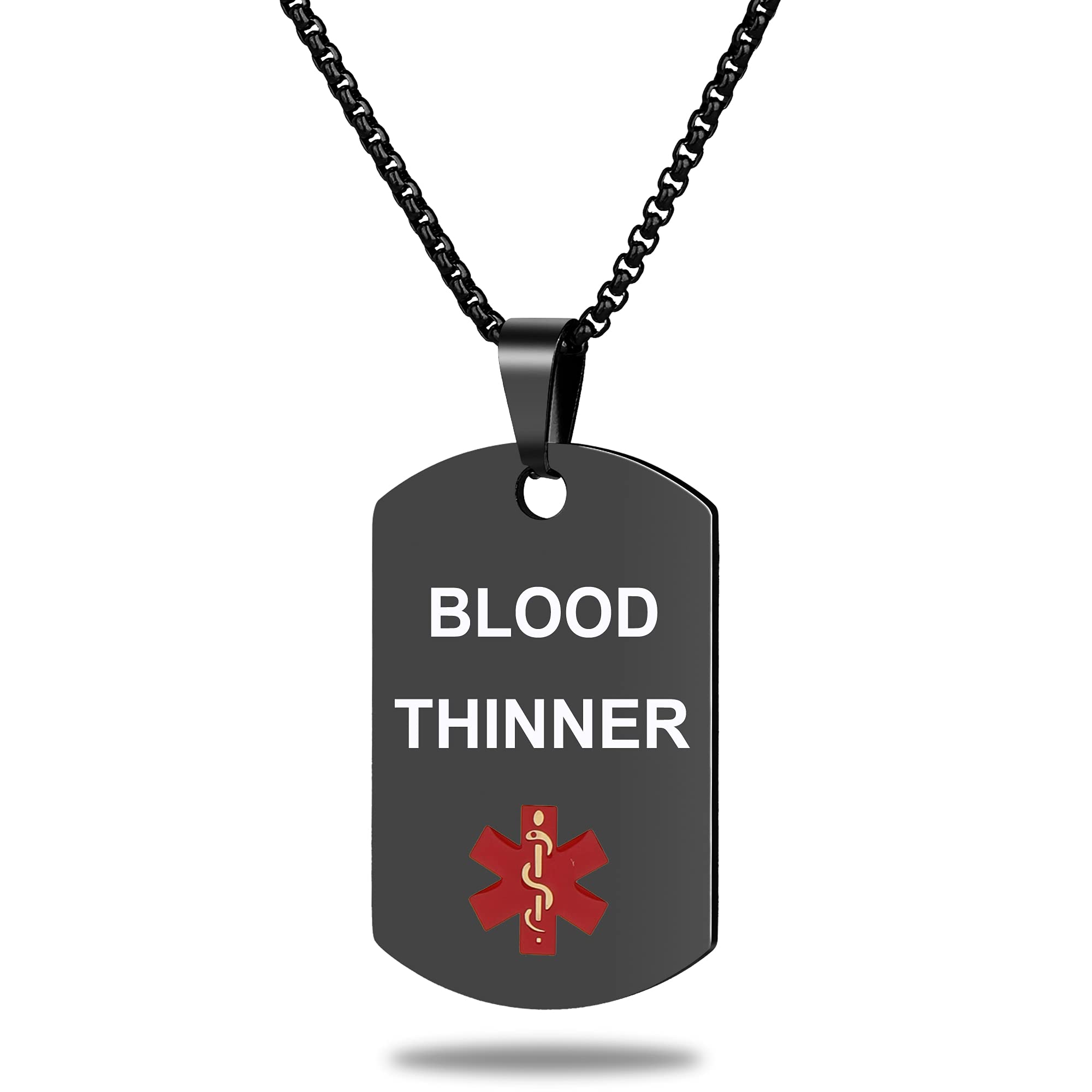 Medical Alert ID Necklace, Laser Engraved Blood THINNER, Stainless Steel Tag Pendant with 23.6 inch Chain for Men Women Emergency First Aid