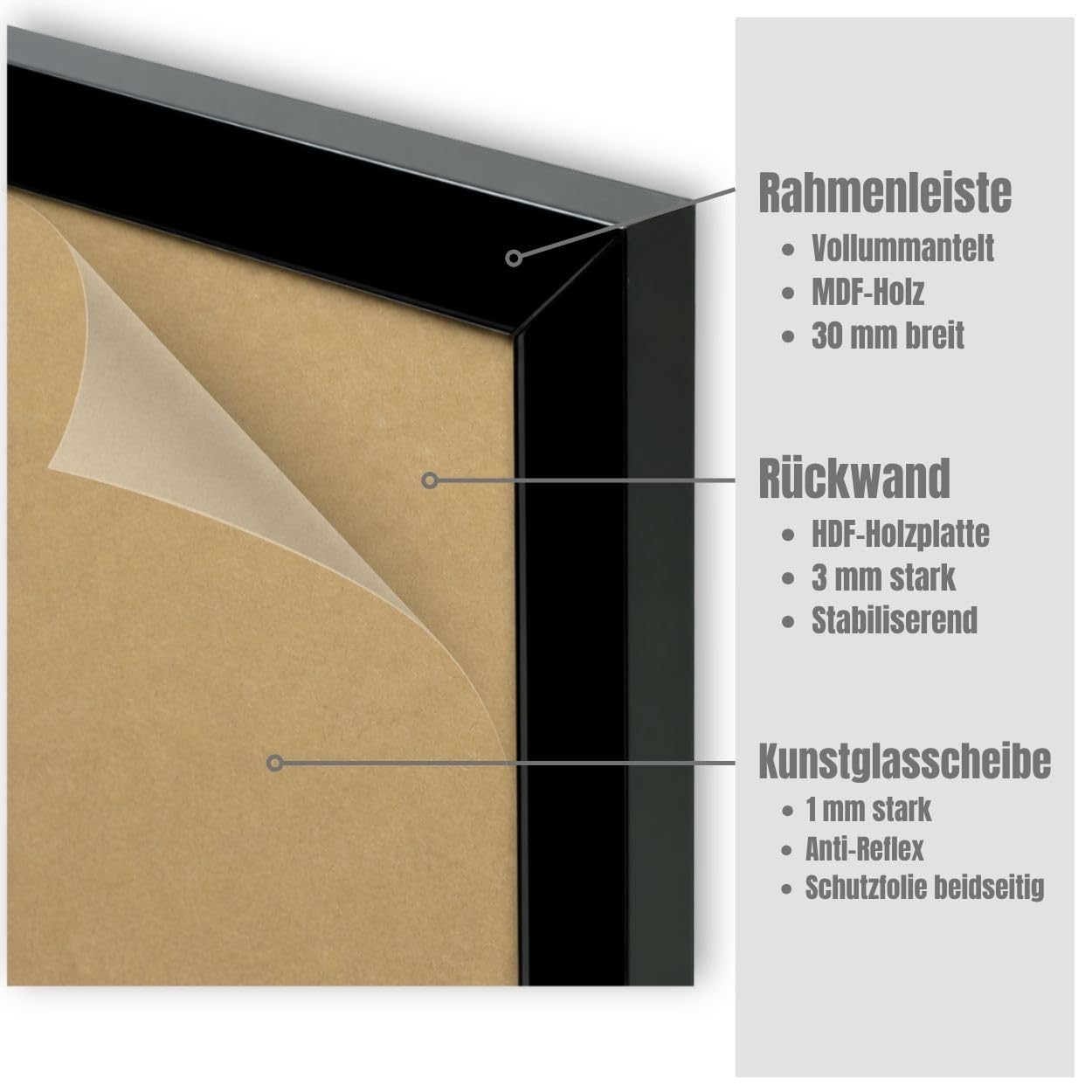 Online-GalleryKing OGK Thirty Bilderrahmen 61x132 cm Schwarz Hochglanz - Vollummantelter MDF-Rahmen (30 mm breit) mit Anti-Reflex Kunstglas - Bilder- & Fotorahmen handgefertigt in Deutschland