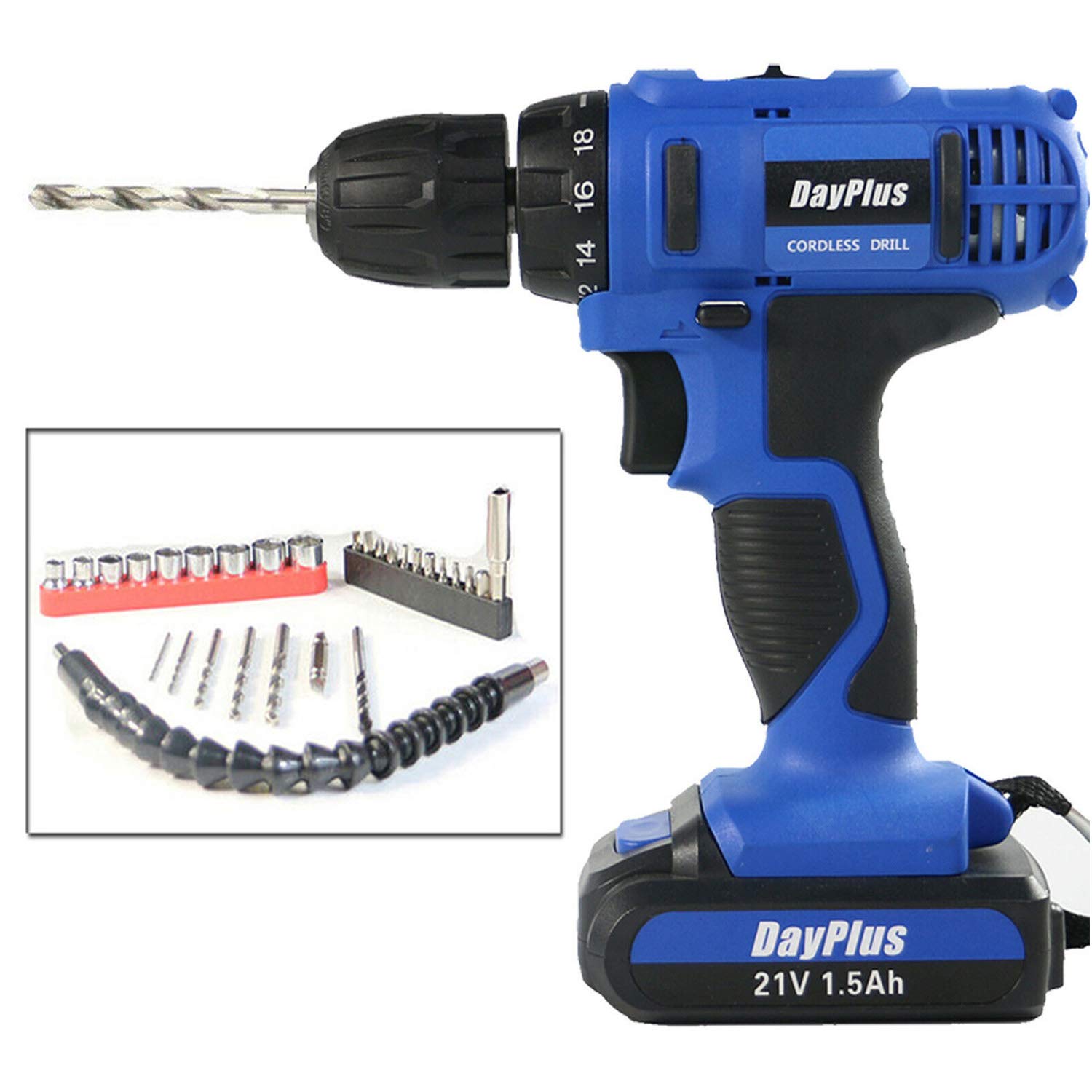 Siky Light Cordless Drill And Impact Driver 45Nm, 21V, 1.5Ah Li-Ion Batteries, 1400Rpm Max Speed, 2 Speed 10Mm Metal Chuck, Flexible Drill, 18+1 Torque Setting, Fast Charge 29Pcs Free Bits