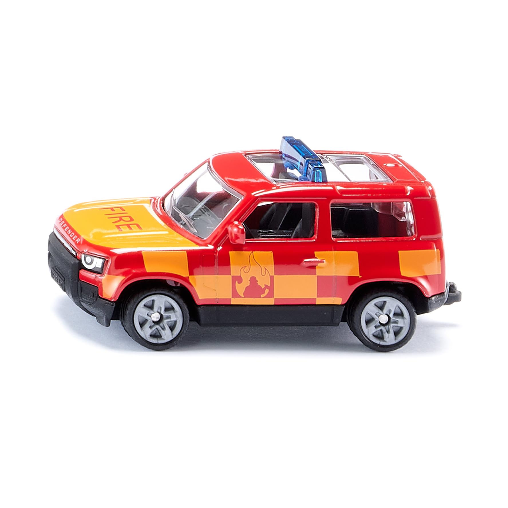 1568 Land Rover Defender Fire Brigade, Toy Car, Metal/Plastic, Red/Yellow, Tow Hitch, Rubberised Tyres, Blue Light Bars