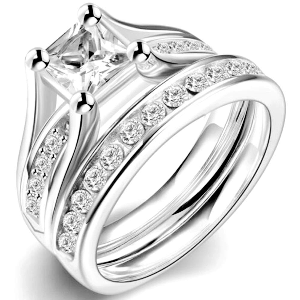 iSilverStainless Steel Princess Cut Wedding Engagement Anniversary Statement Bridal Halo Ring Set