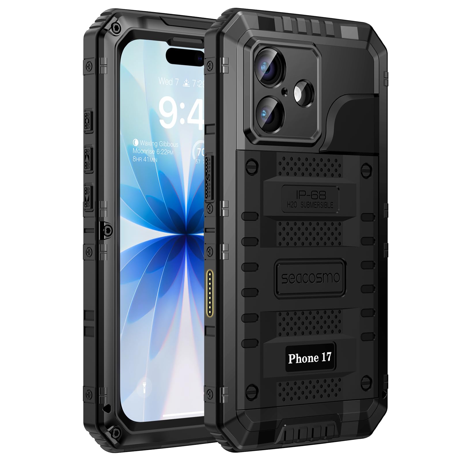 seacosmo Funda para iPhone 17 Impermeable, IP68 360 Grados Militar Protección Carcasa, Subacuática Waterproof Antigolpes Anti-Polvo Case con Protector de Pantalla/Cubierta de la Cámara, Negro