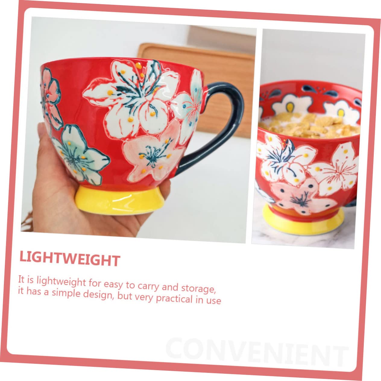 Keramik Frühstückstasse mit Prägung, Handbemalt, Rot, Einfaches Design | Glatter Rand, Bequemer Griff, Leicht zu Reinigen, für Kaffee, Tee, Müsli und Joghurt