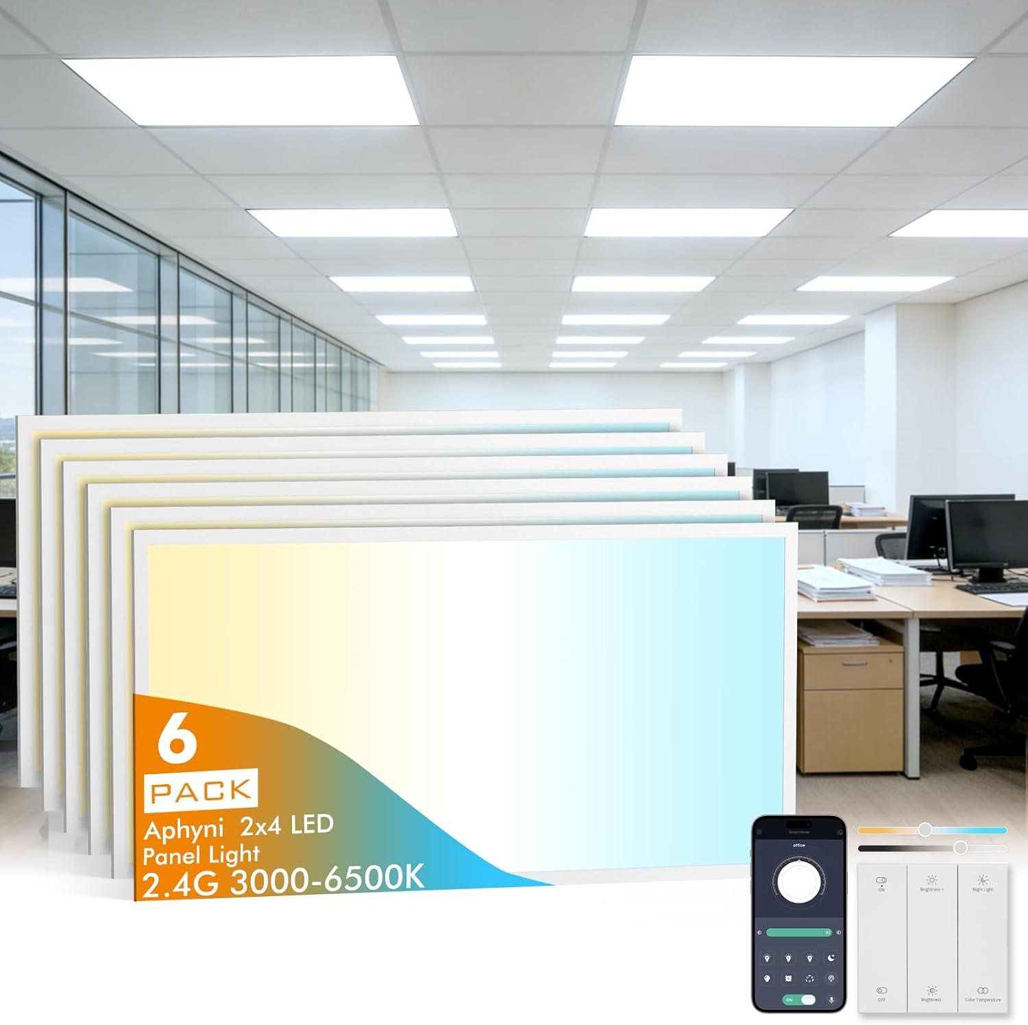 6 Pack 2x4 LED Flat Panel Recessed Light 70W 7700LM, Wireless Switch APP Control, 3000K/4500K/6500K Adjustable Night Mode Ultra-Thin LED Lighting for Office Garage School