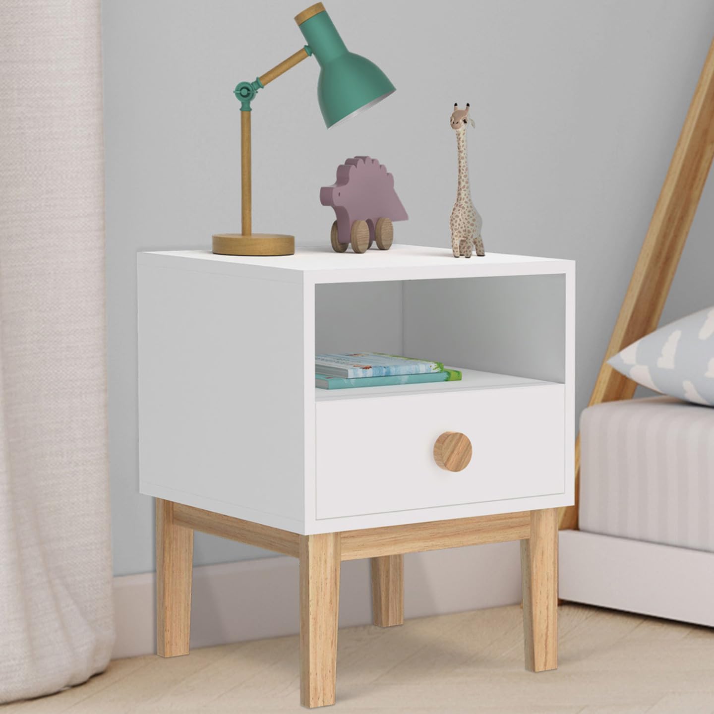 IDMarket - Table de Chevet Enfant Jacob 1 tiroir + 1 Niche Blanc et Bois