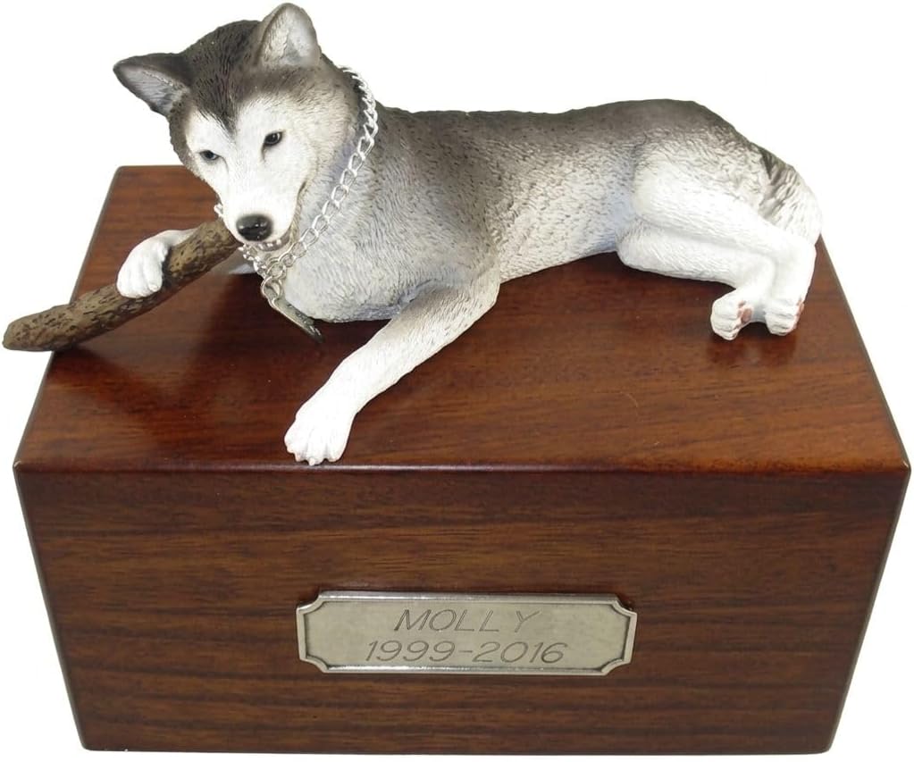 Conversation Concepts Beautiful Paulownia Medium Wooden Urn with Black & White Husky Blue Eyes My Dog Large Figurine & Pewter Personalized Engraving