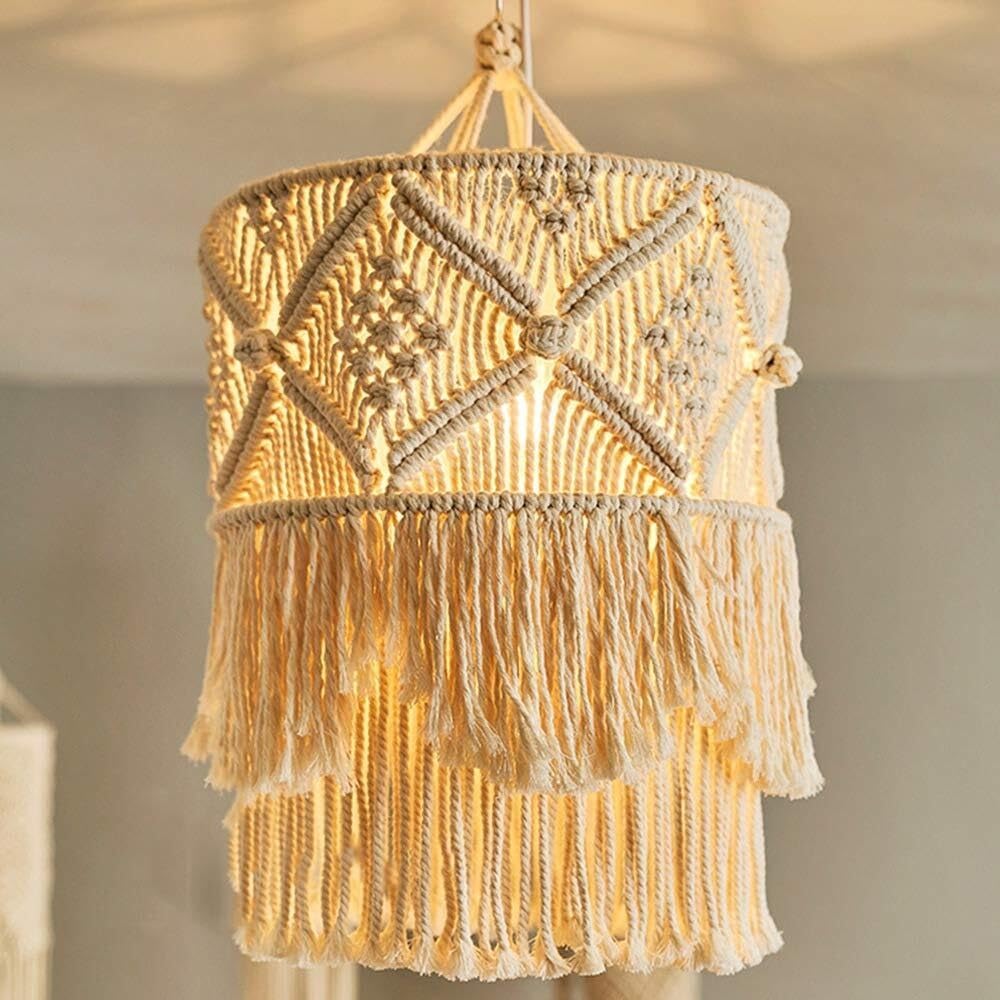 One Color Bohemia Lampshade Ceiling Lamp, Macrame Hanging Lamps Lampshade Decor, Warm White, Crafts Tassel Tapestry Background Headboard Hanging One Wall