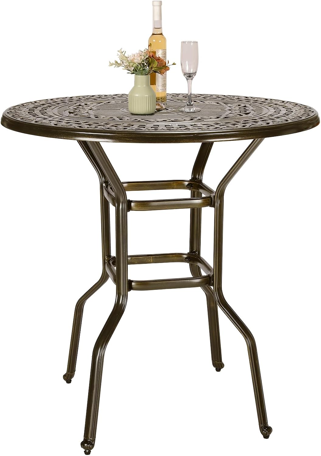 VIVIJASON 38.5" Patio Height Bar Table, All-Weather Cast Aluminum Bar Bistro Table Outdoor Patio Round Dining Table with Umbrella Hole for Balcony, Lawn, Garden, Backyard, Antique Bronze