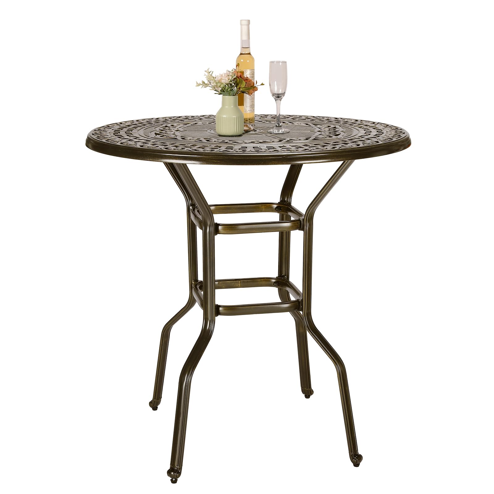 VIVIJASON 38.5" Patio Height Bar Table, All-Weather Cast Aluminum Bar Bistro Table Outdoor Patio Round Dining Table with Umbrella Hole for Balcony,
