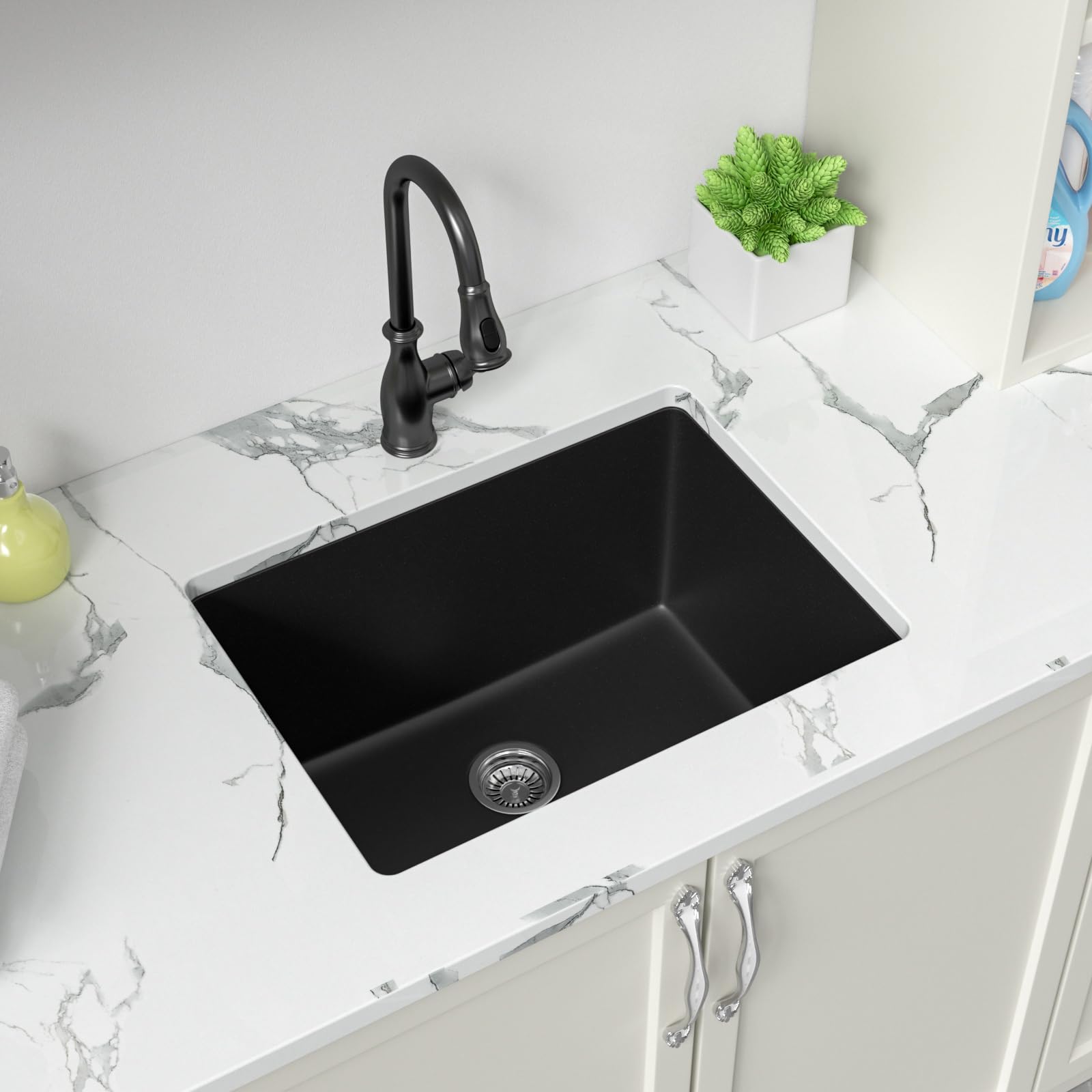 Sarlai Unterbau-Waschspüle, Granit-Verbundstoff, 30,5 cm tief, 61 x 45,7 cm, schwarz, Küchenspüle, Unterbauspüle, Quarz, klassisch, unter der Theke, Einzelbecken, 61 x 45 cm