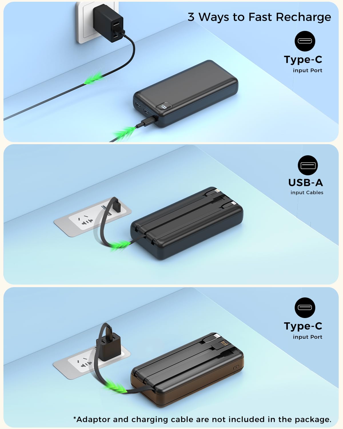 Cargador portátil PD de carga rápida de 50.000 mAh, USB C de 30 W con cables integrados, 5 salidas y 2 entradas de batería, pantalla LCD, cargador de teléfono portátil para iPhone 16/15/14/13 Pro Max