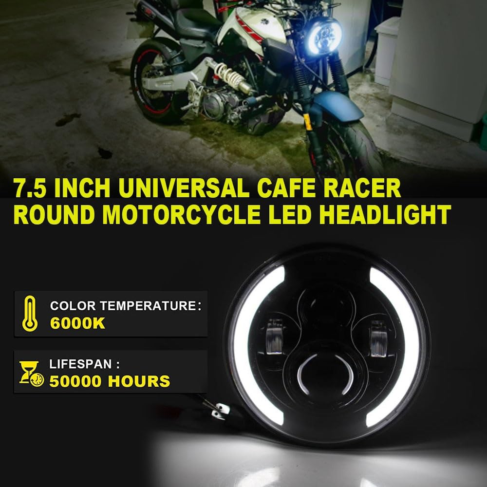 Dirt Bike Reflektor Motocykl Head Light 7,5-calowy LED Retro Bucket Zmodyfikowany reflektor motocyklowy Hi/Lo Beam DRL Matowa czarna obudowa reflektora ze wspornikiem
