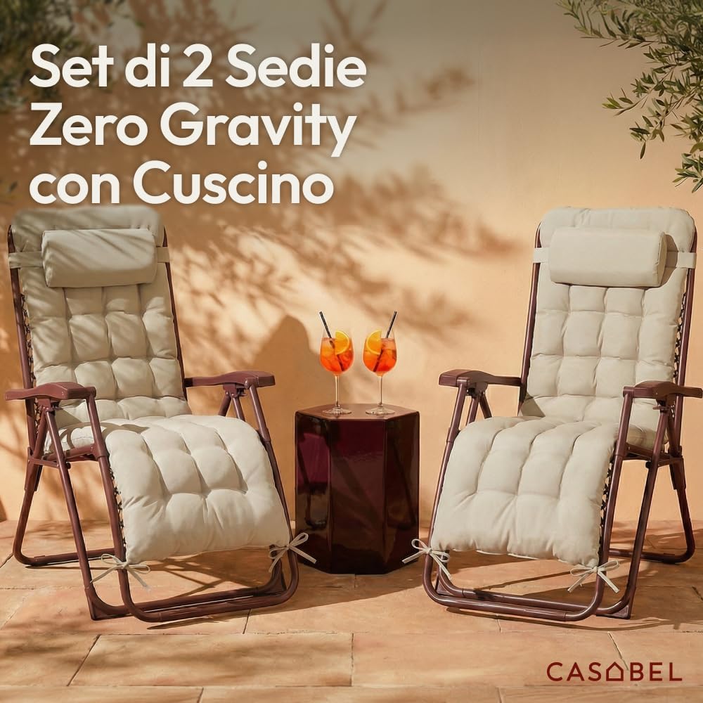 CASABEL Poltrona Relax Gravità Zero Pieghevole con Cuscino, 2 Poltrone Reclinabili Regolabili per Giardino, Balcone o Campeggio con Struttura Acciaio e Tessuto Textilene resistente, Terracotta