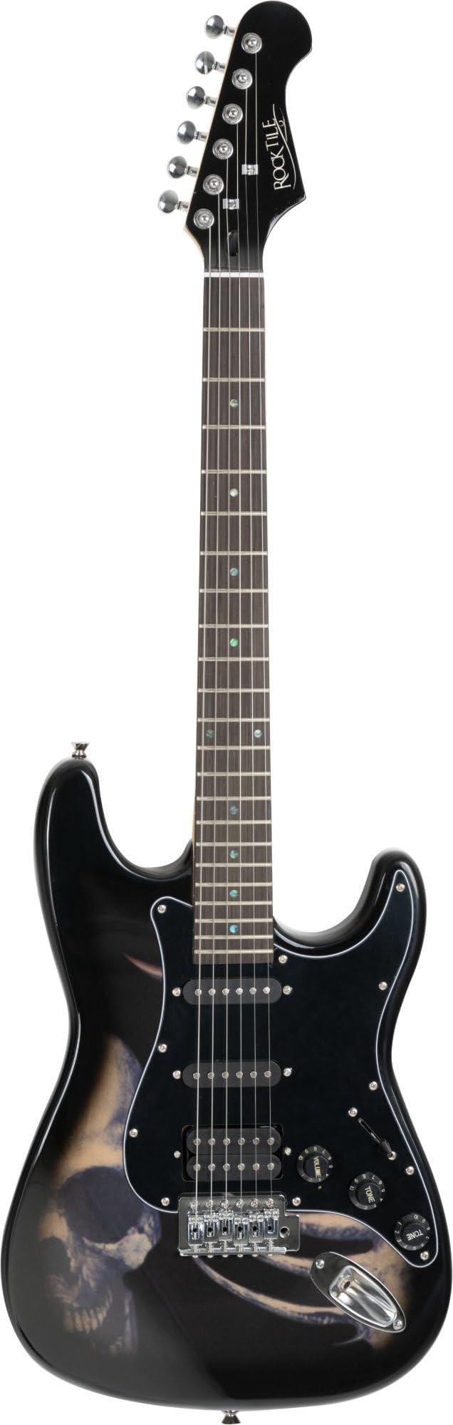 Rocktile Pro ST60-SK Chitarra Elettrica Set con Gigbag Skull, Corpo: Tiglio | Manico: acero avvitato, 1 Humbucker/2 Single Coil pickup, 22 tasti jumbo, Tastiera in palissandro, Intarsi: Dot, Peso: ca. 1