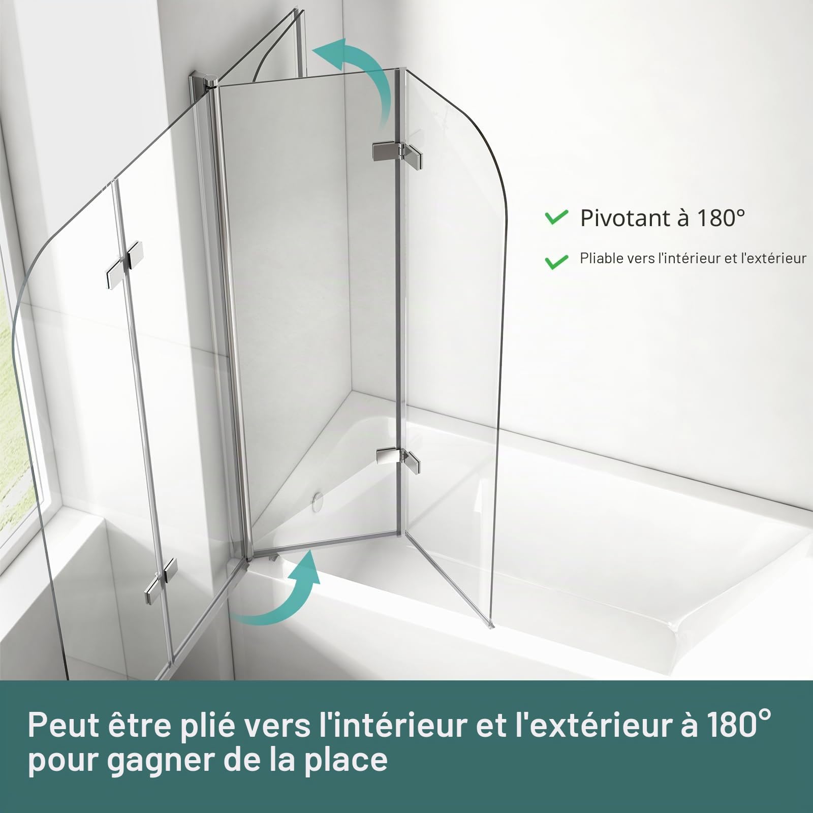 EMKE Paroi de douche pour baignoire, 100 x 140 cm, en 2 parties, pliable, en verre de sécurité, 6 mm, paroi de douche pour baignoire