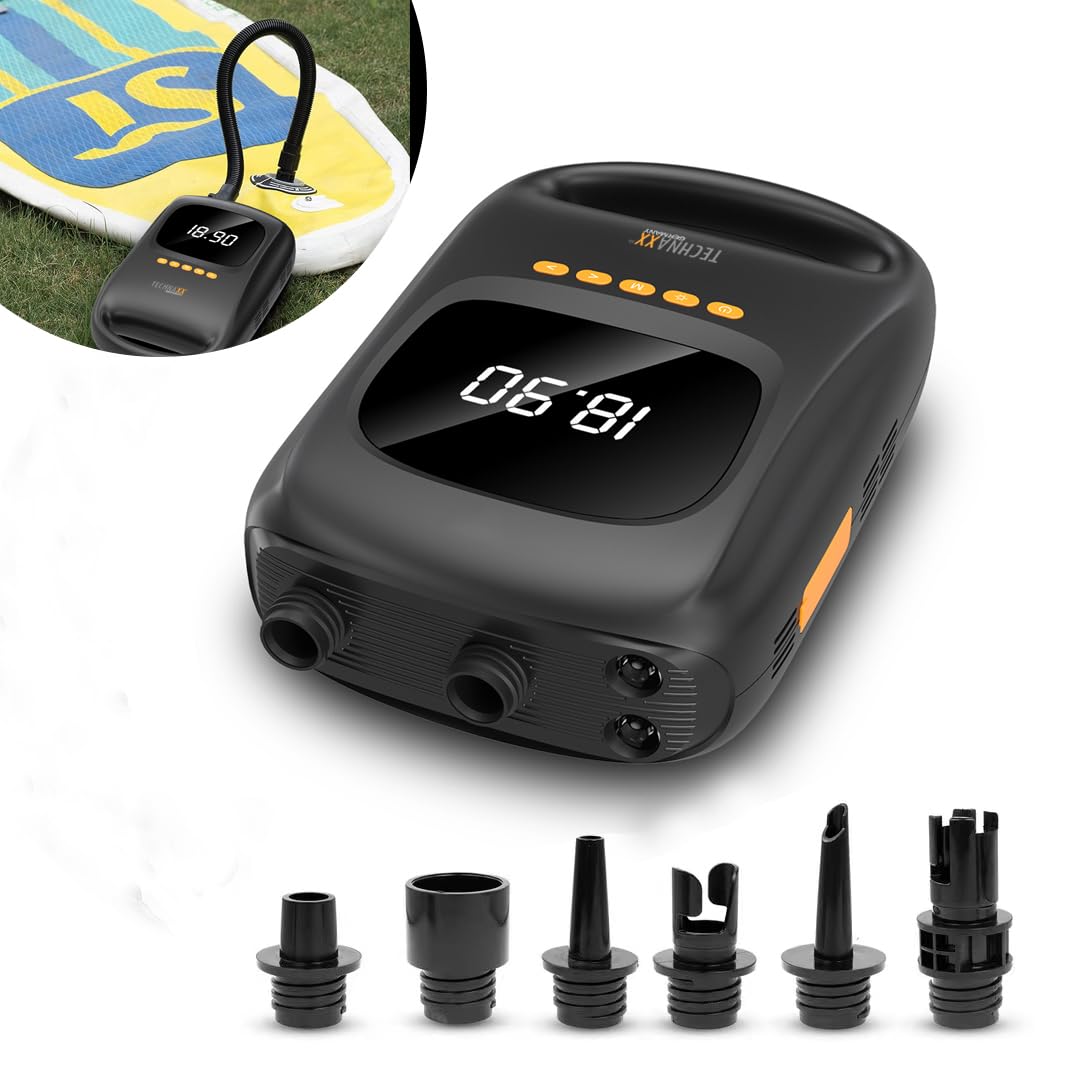 Technaxx SUP Pumpe Elektrisch Akku 20 PSI, Kabellose Luftpumpe für Stand Up Paddle Board, Kajak, Schlauchboot & Luftzelt, Digitaldisplay, Auto-Off, 7500 mAh Powerbank, 6 Düsen - TX-266
