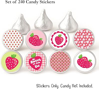 Strawberry Stickers for Hershey's Kisses, Berry Party Favors, Set of 240 | Birthday & Baby Shower, Candy Buffet Decor, Chocolate Stickers, Sweet Table Decor, Party Favor Labels, Summer Fruit Party