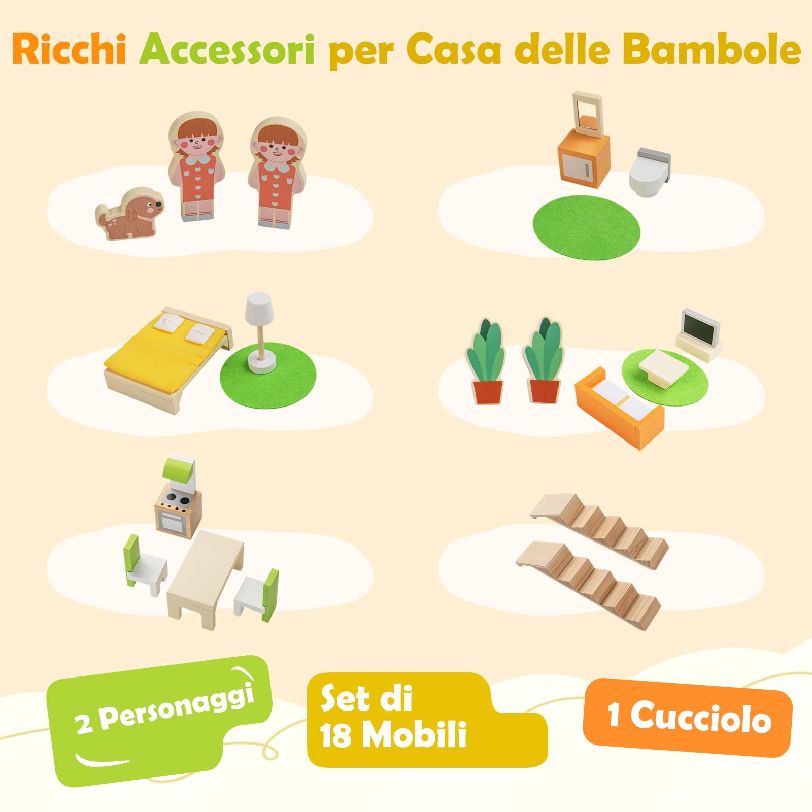COSTWAY Casa delle Bambole in Legno, Casa Bambole con 4 Piani, 7 Stanze, Garage e Scale, Casetta Giocattolo Educativo con 18 Mobili Accessori e 3 Figure, per Bambini 3+ Anni, 60 x 30 x 75 cm