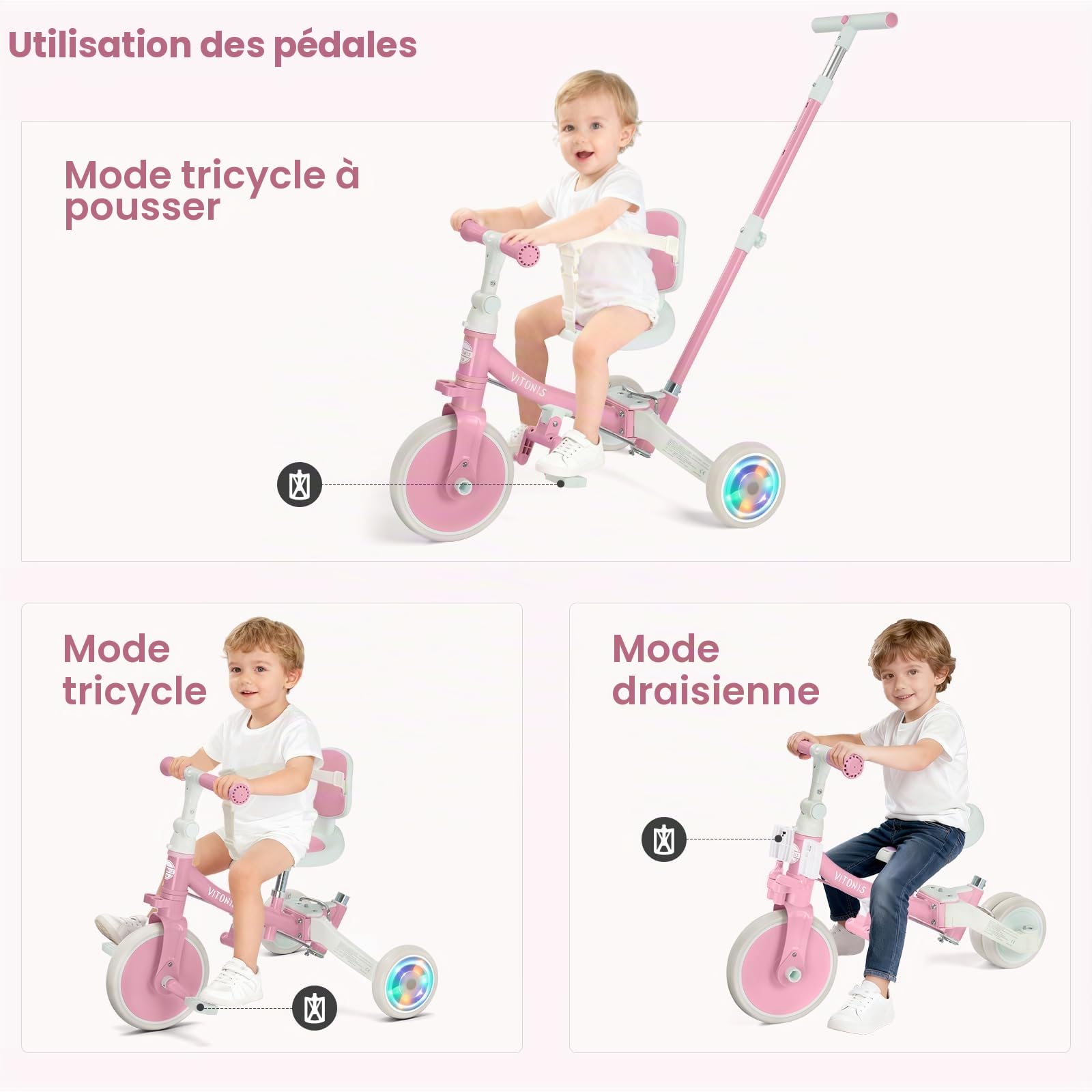 VITONIS Tricycle 5 en 1 pour Enfants de 18 Mois à 3 Ans, avec Roues Clignotantes, Tricycle avec Barre de poussée, Dossier et Ceinture de sécurité, Cadeau, vélo sans pédales, Rose