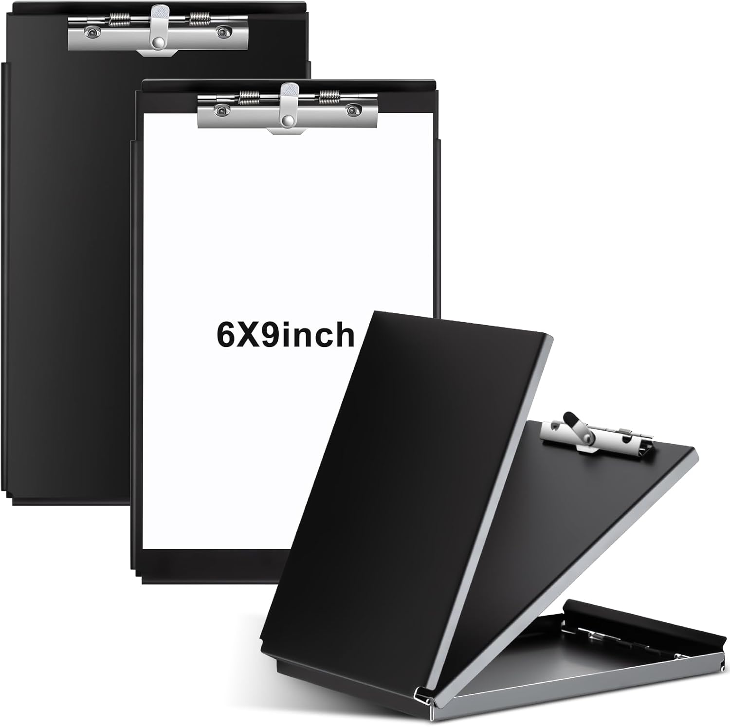 2 Pcs 6 x 9 Inch Aluminum Memo Size Clipboard Black Metal Clipboard with Storage 2 Compartment Lightweight Ticket Book Holder for Office Workers Business Use
