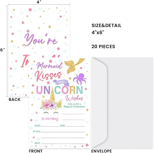 Miniatura 2 de Tuyashua Besos de sirena y deseos de unicornio invitación de cumpleaños, invitación de sirena de unicornio para niñas, suministros de fiesta de