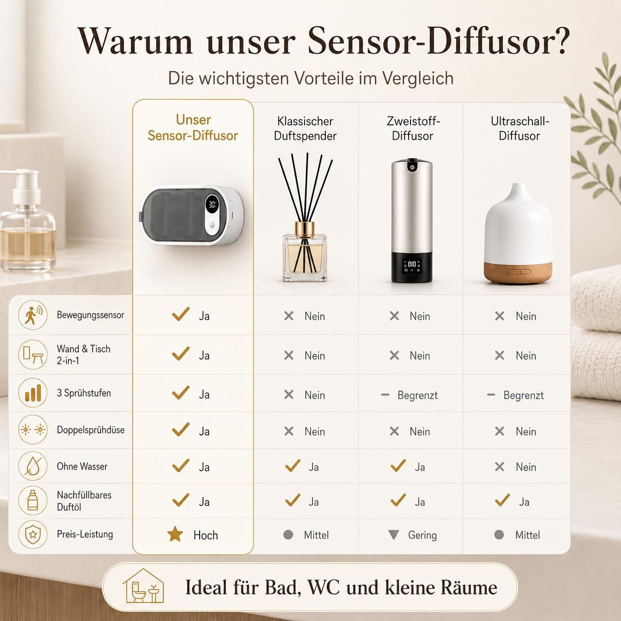 Aroma Diffuser kabellos mit Doppel-Zerstäubung Bewegungssensor & Timer, Tisch-und Wandmontage, Ohne Wasserbehälter, Raumduft Lufterfrischer Diffuser mit 100ml Duft für Bad Schlafzimmer Wohnzimmer Flur
