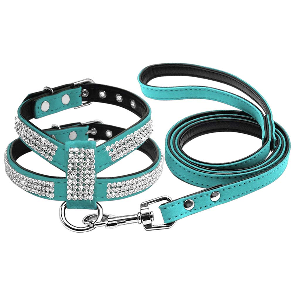Kuntrona Small Dog Harness and Leash Set Suede Leather Rhinestone Pet Harnesses and Walking Leads for Small Medium Dogs Chihuahua Blue M