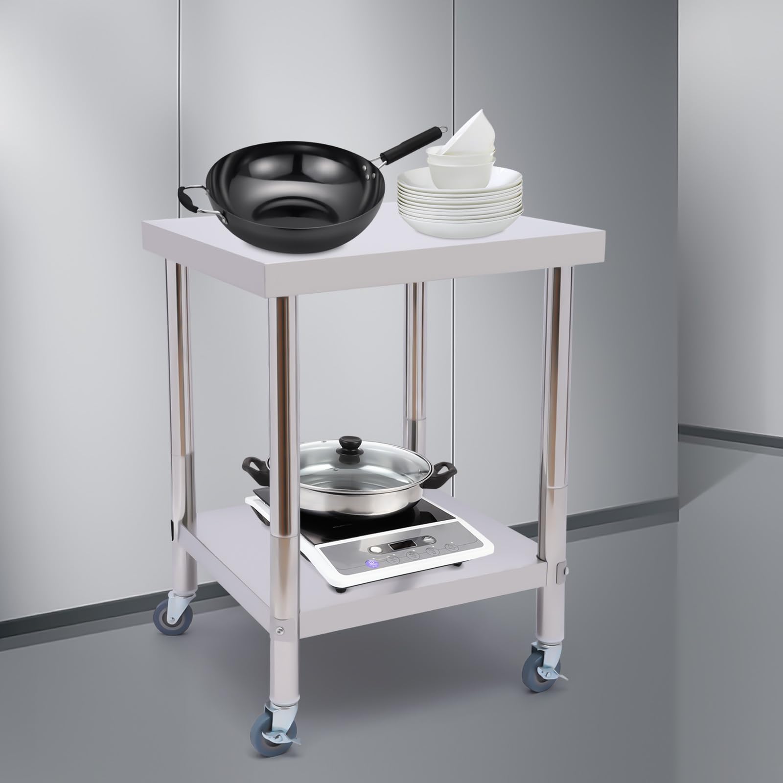 Mesa de preparación de alimentos de acero inoxidable para catering, mesa de trabajo comercial para cocina, bar, restaurante, plata, 60 x 60 x 85 cm