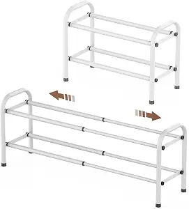  Expandable 2-Tier Shoe Rack for Closet and Entryway, White | Tool-Free Assembly, Metal Material, Adjustable Shoe Organizer, Sturdy, Small Space Solution, Dorms, Garages, Apartments.