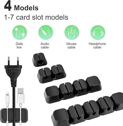 Miniatura 2 de Paquete de 16 clips de cable de silicona negros para escritorio, soporte de cable de carga adhesivo para organizador de automóvil, protector de