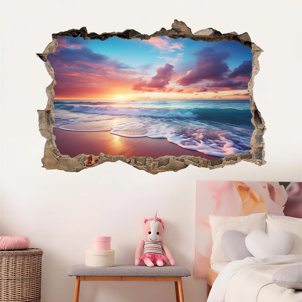Wandtattoo 3D Durchbruch Sonnenuntergang Am Strand Wandsticker Wanddekoration selbstklebend Landschaft Wandaufkleber Deko Schlafzimmer Wohnzimmer Kinderzimmer Kunst Wohnkultur Wandbilder
