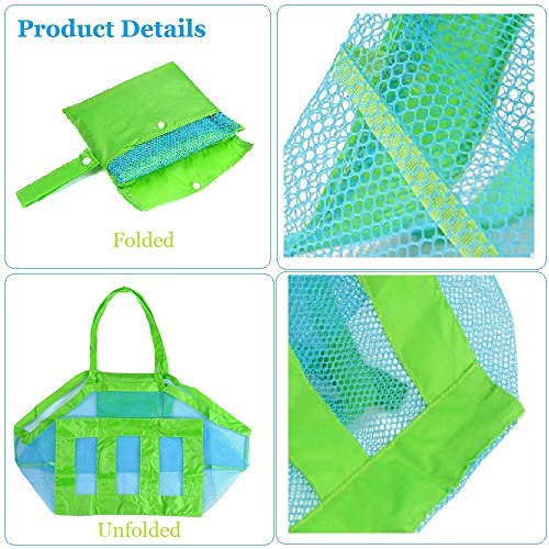 COOLGOEU Strandtasche Strandspielzeug Tasche XXL Groß für Sandspielzeug Wasserspielzeug für Kinder Aufräumsack Spielsack Badetasche Beachbag Faltbar für Familie Urlaub (Blau Mesh/Grün Strap)