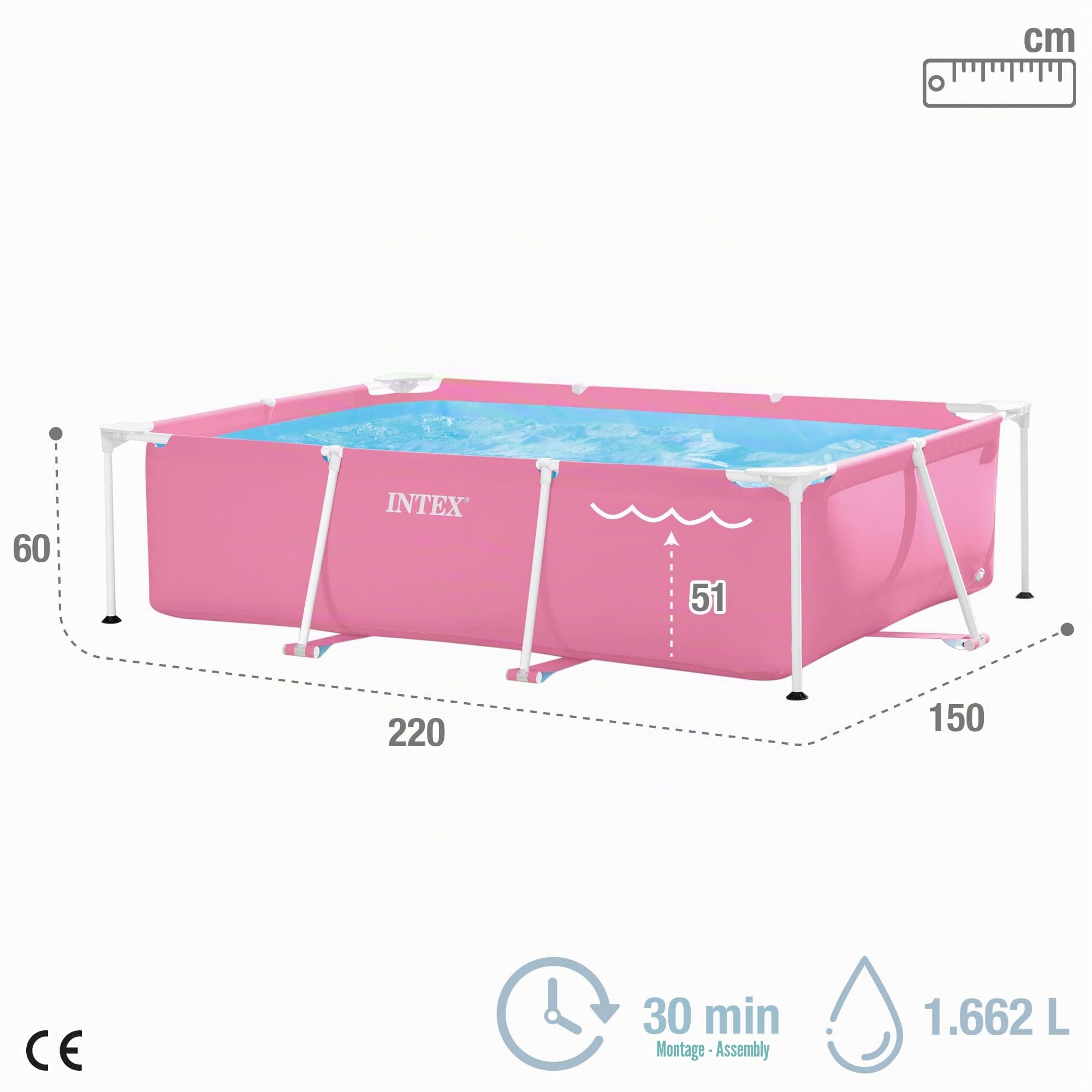 Intex 2,2 m x 1,5 m x 60 cm Pink Rectangular Frame Pool, Dimensions : 2,20 m x 1,50 m x 60 cm (28266NP)