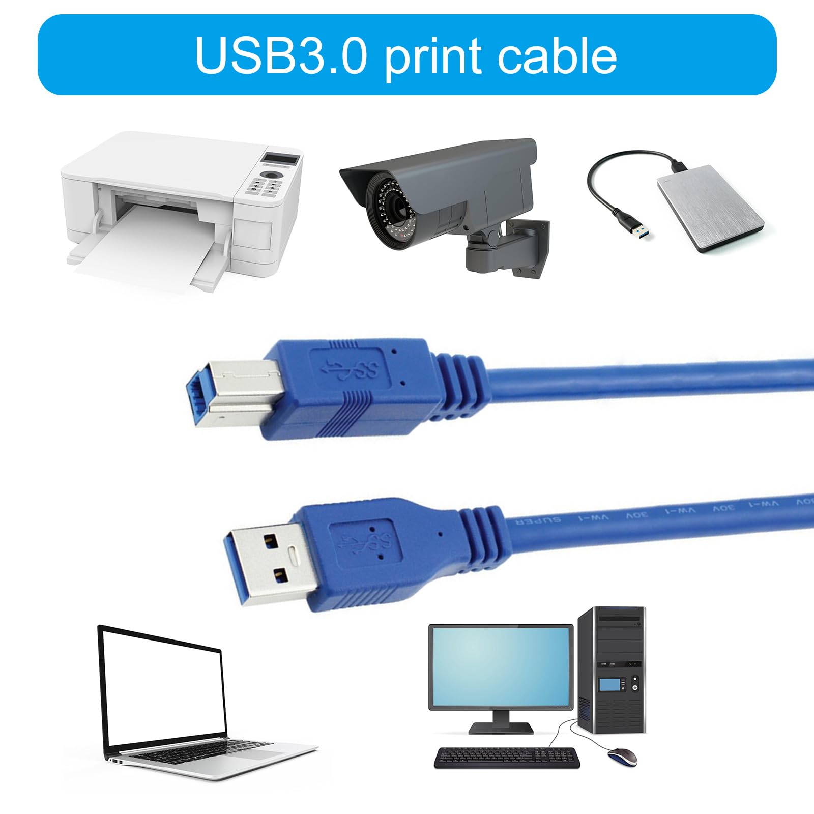 Cavo di prolunga USB 3.0 for stampante, velocità di connessione elevata di 4,8 Gbps, connettori for connessione sicura(5m)