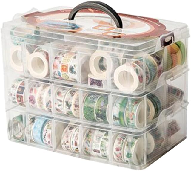 HomDSim Washi Tape Box Organizer Storage,Divider Closet Container,with 30 Adjustable Compartments,Clear,Masking Tape Desktop Tape DIY Sticker Roll Tape Cutter Holder Storage,Finger Safty Dispenser