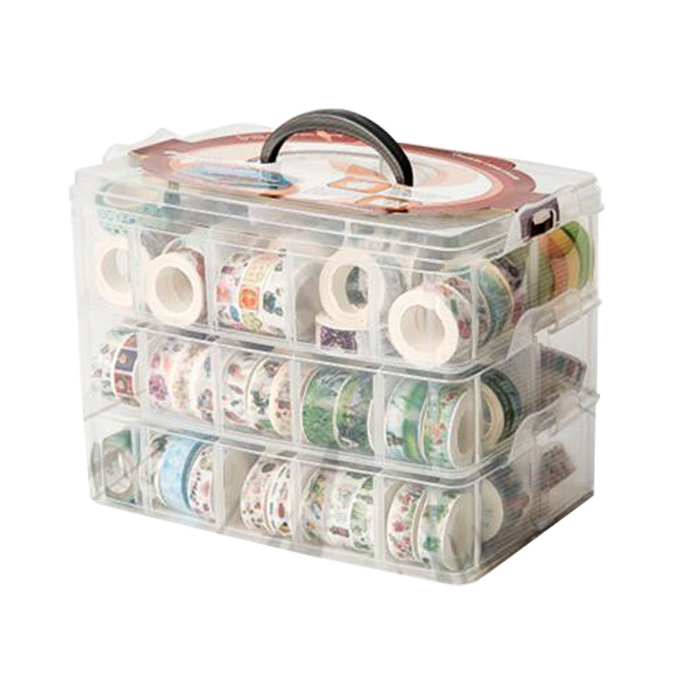 Washi Tape Box Organizer Storage,Divider Closet Container,with 30 Adjustable Compartments,Clear,Masking Tape Desktop Tape DIY Sticker Roll Tape Cutter Holder Storage,Finger Safty Dispenser