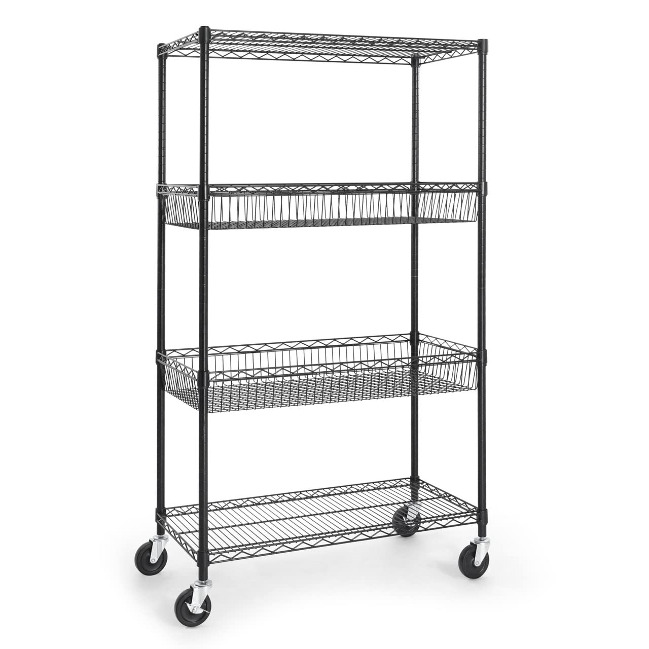 CAPHAUS NSF Commercial Heavy Duty 4 Tier Wire Shelving w/Two Rectangle Baskets, Wheels, Leveling Feet, Storage Metal Shelf, Basement Garage Shelving,