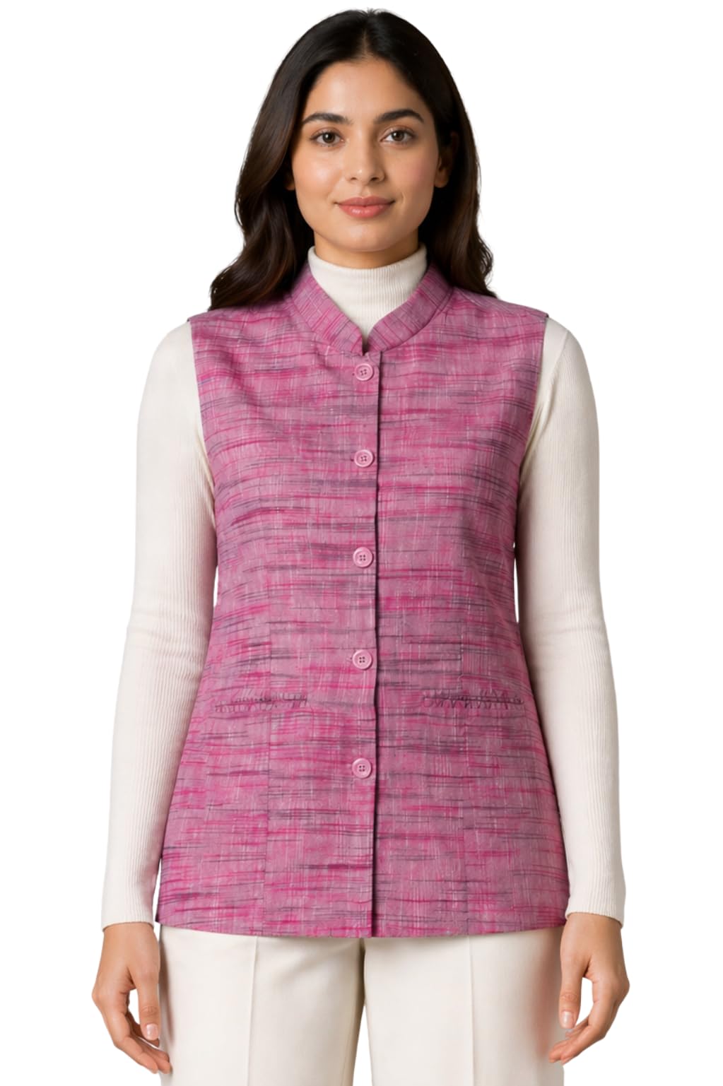 latest chikan Women’s Solid Textured Nehru Jacket | Sleeveless Mandarin Collar Modi Vest for Ethnic & Formal Wear (W-SADRI-NK-P-40)-picture-24