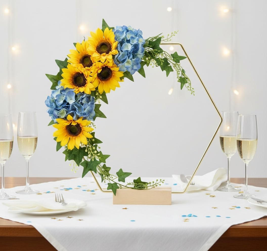 Abaodam 10Pcs Hexagonal Floral Hoop Centerpieces with Bases 9.05 Inch Metal Wreath Rings for Wedding Table Decorations Diy Party Home Decor