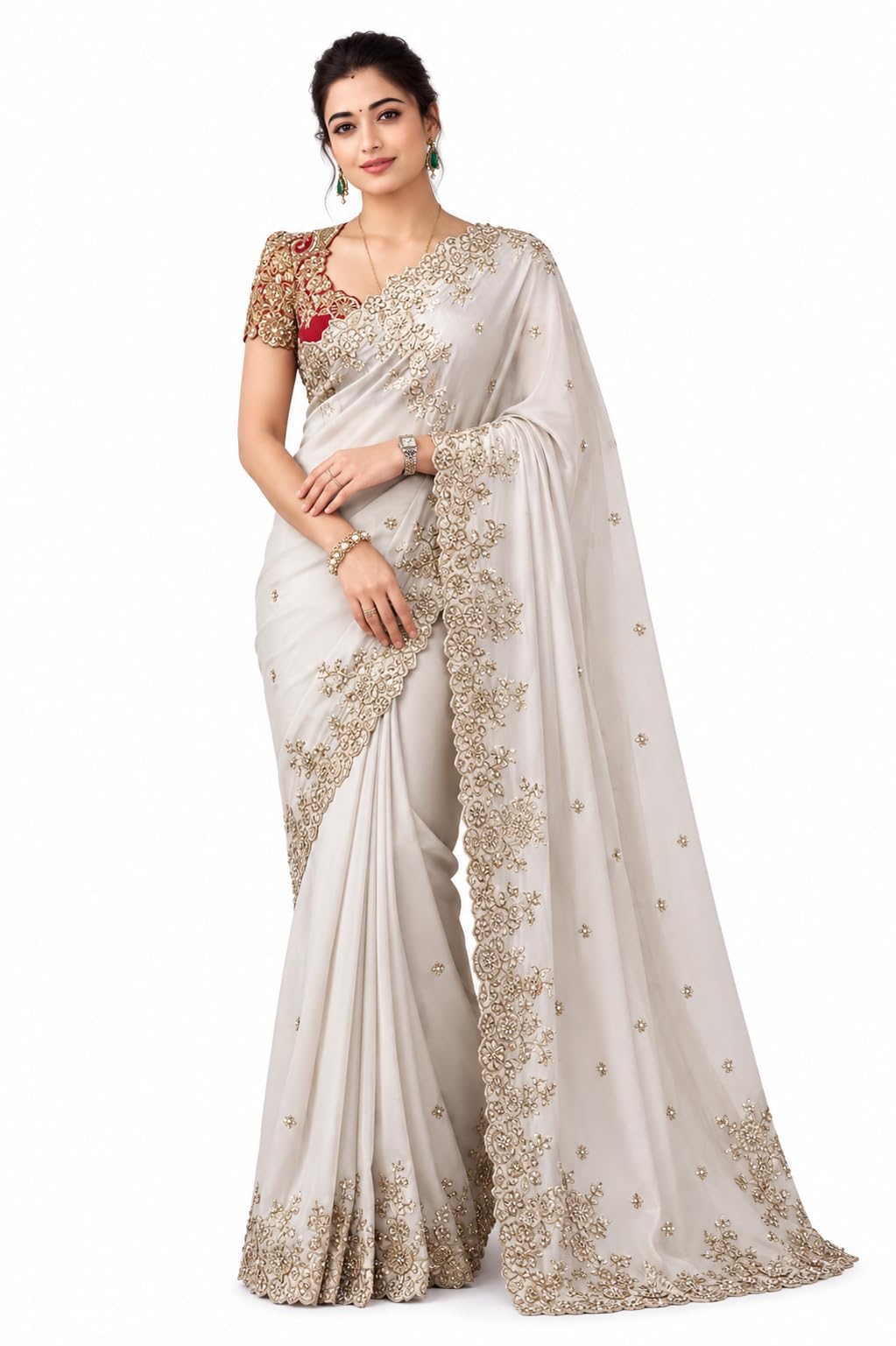 Women's Off-White Silk Saree with Beads & Coding Sequence Embroidery | Designer Cutwork Border | Contrast Embroidered Blouse-image-23