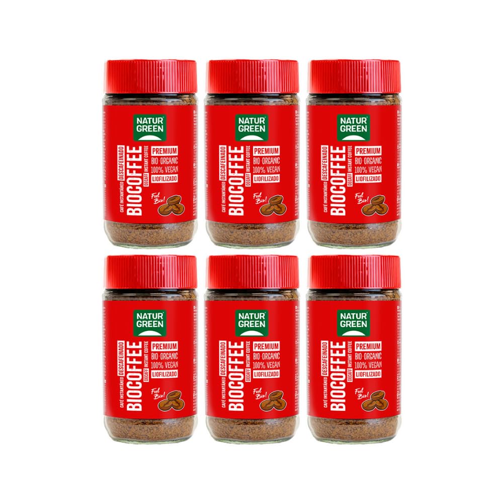 NaturGreen - Biocoffee Descafeinado Bio, Pack 6 x 100 g, Café Soluble Ecológico Instantáneo, Sin Cafeína, Vegano y Sostenible, Agricultura Ecológica