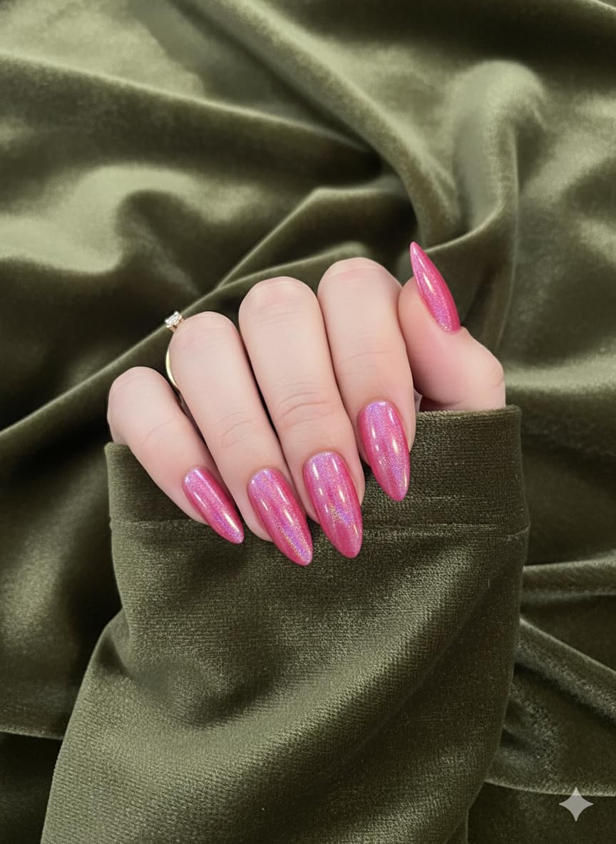 Red Shine Pink Glitter Press On Nails for Women | Long Almond Shape Artificial Nails | 24 ABS False Nails Set | Glossy Reusable Stick On Nails-image-37