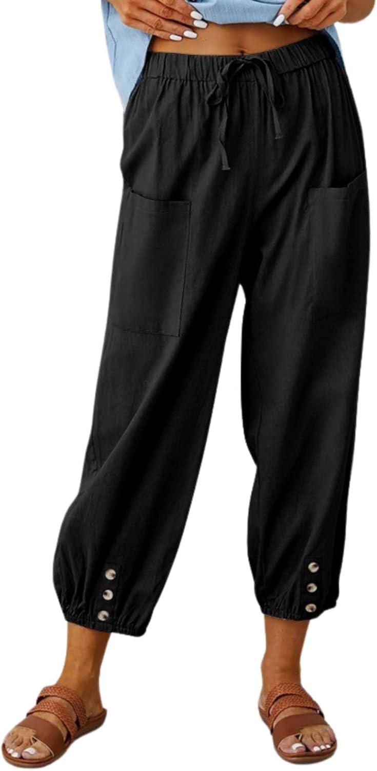 Cotton Linen Capri Pants for Women Summer Casual Plus Size High Waist Elastic Draws...