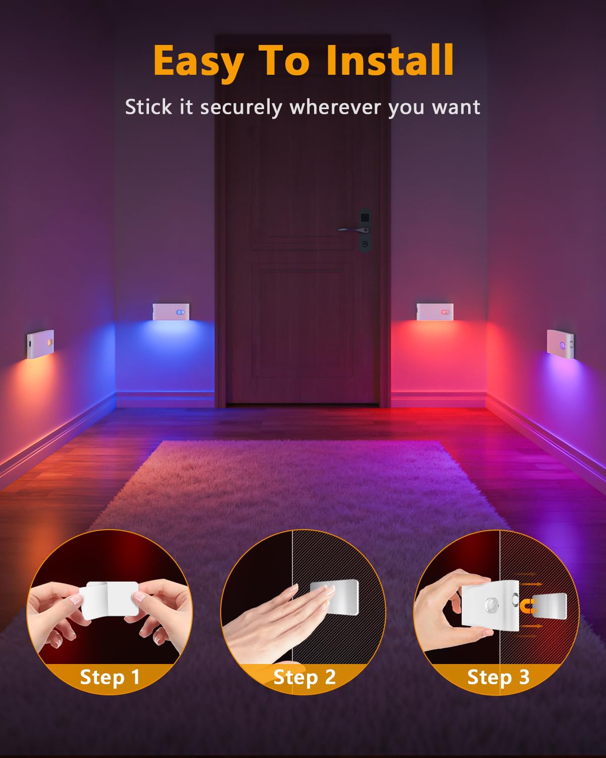 WILLED Luci per scale per interni RGB e bianco caldo, luce notturna ricaricabile con sensore di movimento, luci wireless per interni per scale, bagno, corridoio, cucina, armadio, armadio, camera da