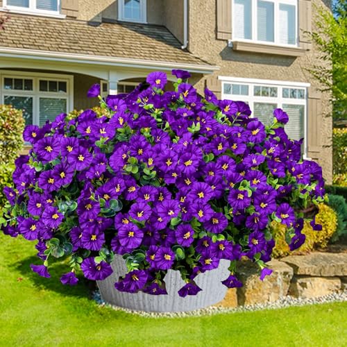 Artificial Flowers for Outdoors16 Bundles of UV-Resistant Silk Morning Glory with Eucalyptus-Realistic Faux Plants as Perfect Filler for Home Planter Porch & Garden Decor (Purple) image 1