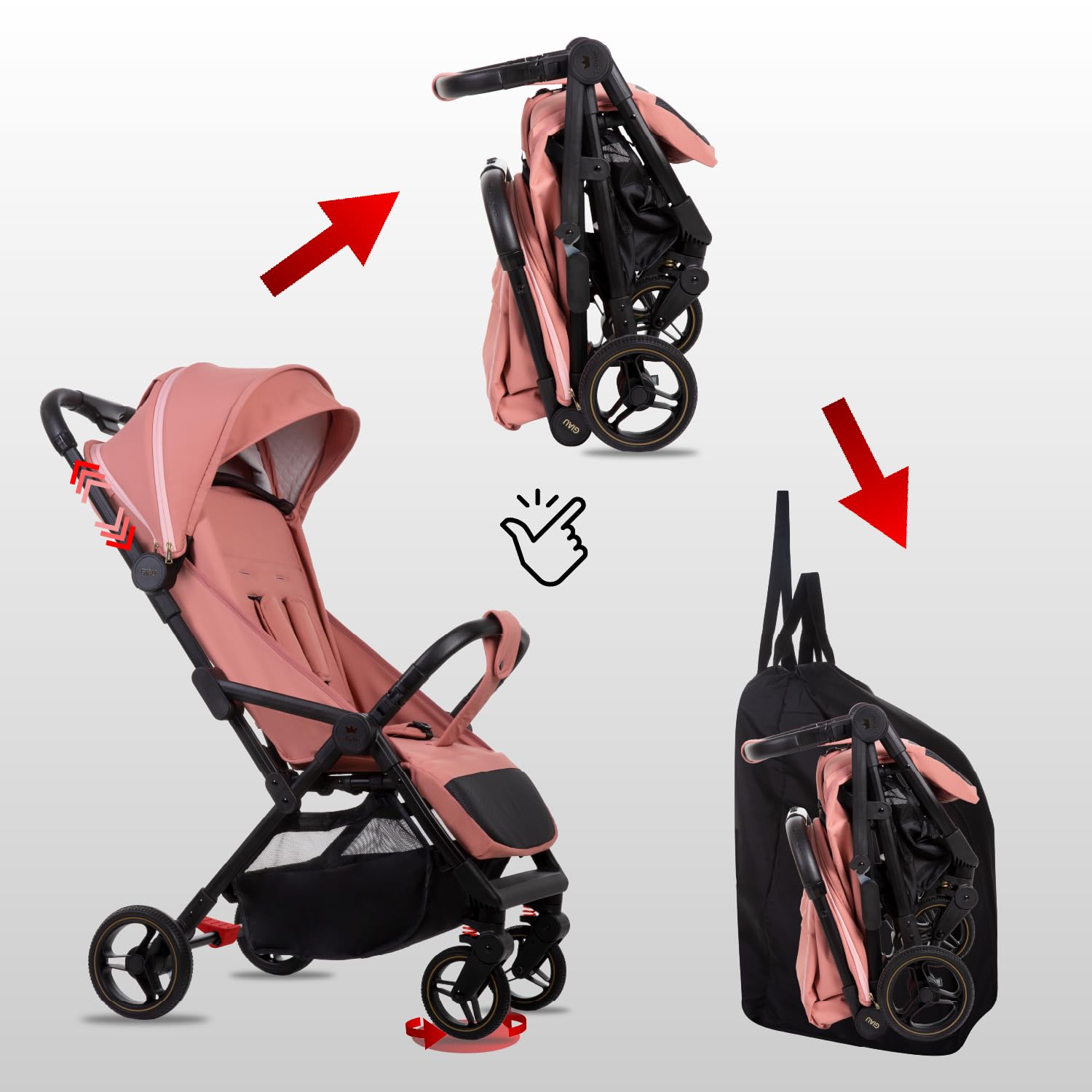 Babylux Passeggino Leggero da Viaggio GIAU con Funzione Reclinabile, Pink | Passeggino Pieghevole, Manubrio Telescopico, Ripiegabile In Modo Compatto, Borsa Per Pannolini E Viaggio E Altri Accessori