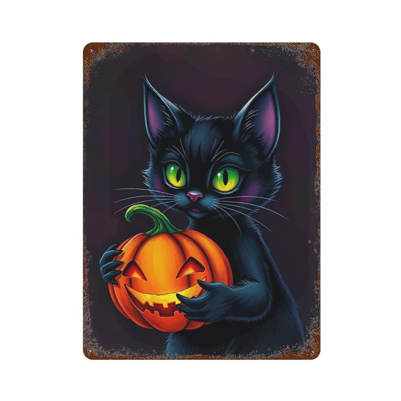 Black Cat with Pumpkin Vintage Wall Sign 15.7"x11.8", Rust Effect Metal Decor for Office, Studio And Wall Decor